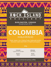 Load image into Gallery viewer, Rock Island Roastery coffee. Coffee bag label for Colombia beans.
