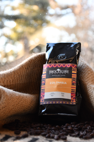 Rock Island Roastery coffee. Coffee bag for Colombia beans.