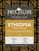 Load image into Gallery viewer, Rock Island Roastery coffee. Coffee bag label for Ethiopia beans.
